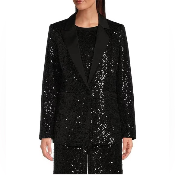 Gibson Latimer Long Sleeve Satin Contrast Sequin Knit Coordinating Blazer - Picture 1 of 9